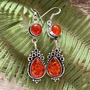 Amber & Carnelian Gemstone 2.5” Silver Earrings